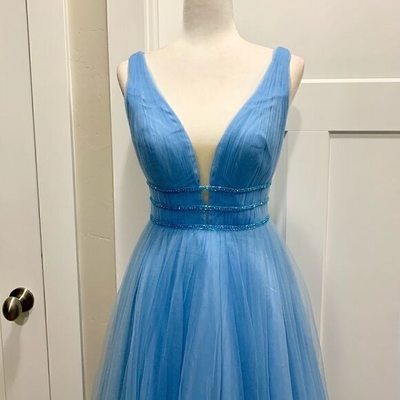 Charming Ball Gown V Neck Open Back Blue Tulle Long Prom Dresses with Beaded - Picture 7 of 14